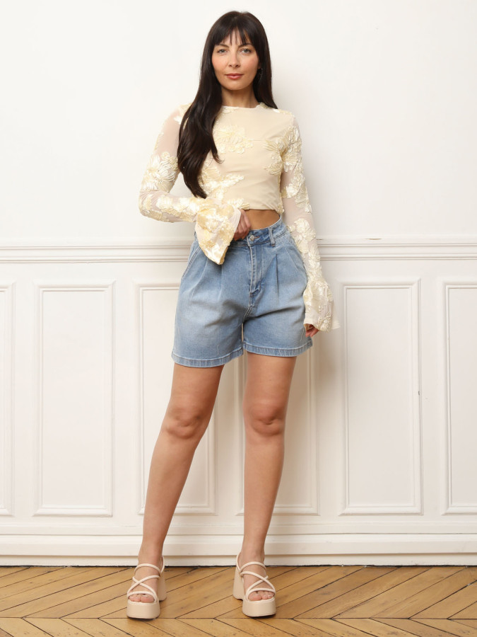 Short en jean froncé bleu