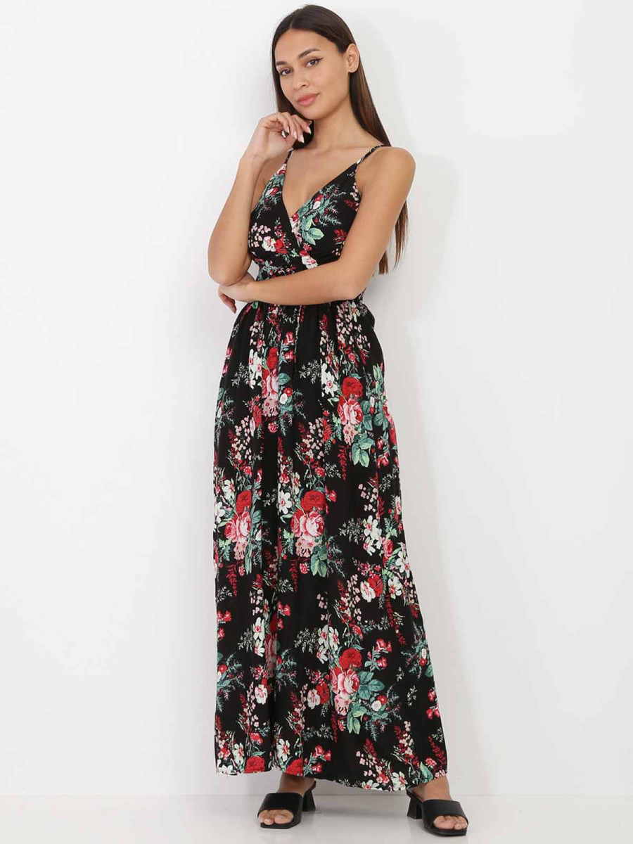 Robe longue femme noire transparente motifs floraux