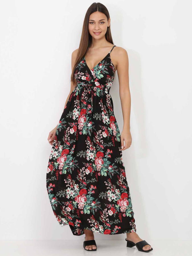 Robe longue noir à imprimé floral