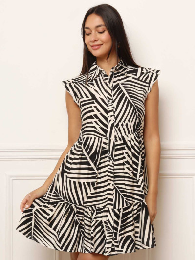 Robe chemise à volants et imprimés feuilles