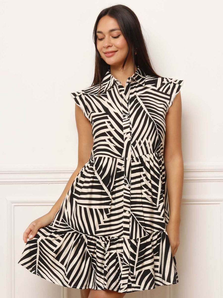 Robe chemise à volants et imprimés feuilles