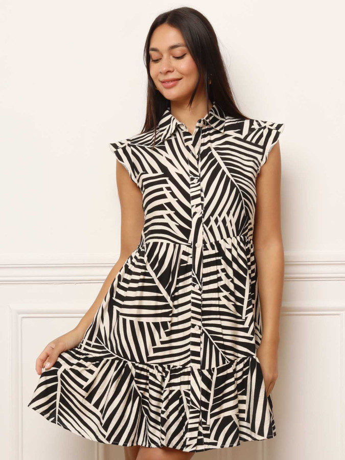 Robe chemise à volants et imprimés feuilles