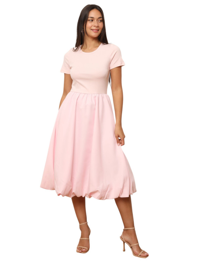 Robe mi-longue rose effet boule