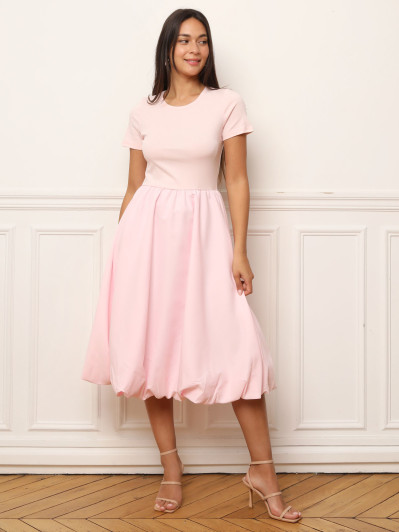 Robe mi-longue rose effet boule
