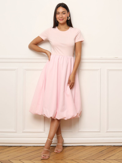 Robe mi-longue rose effet boule