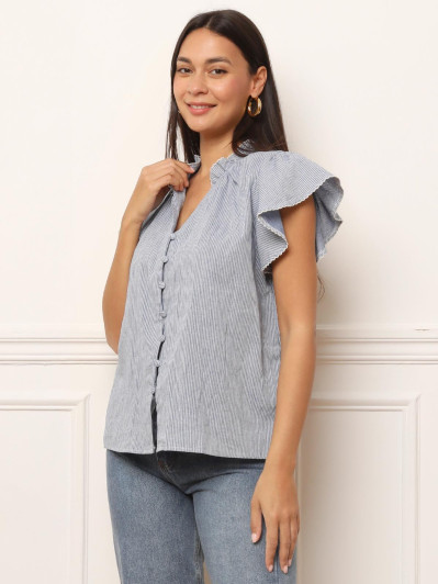 Chemisier rayé bleu à manches volantées