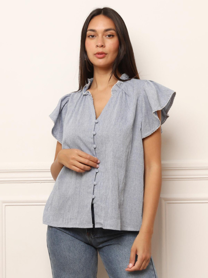 Chemisier rayé bleu à manches volantées