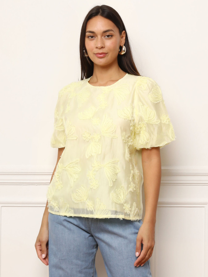 Top à manches bouffantes et motifs floraux jaune
