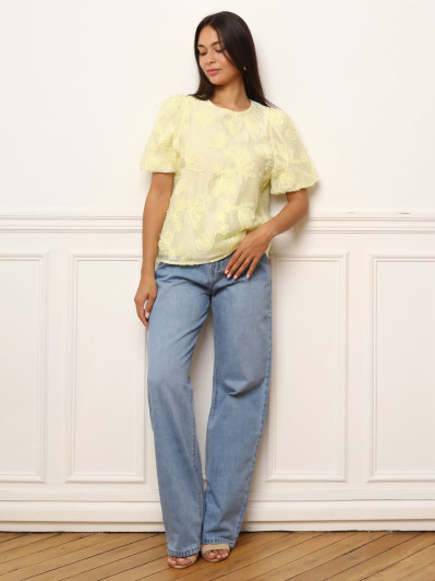Top à manches bouffantes et motifs floraux jaune