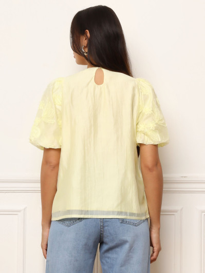 Top à manches bouffantes et motifs floraux jaune