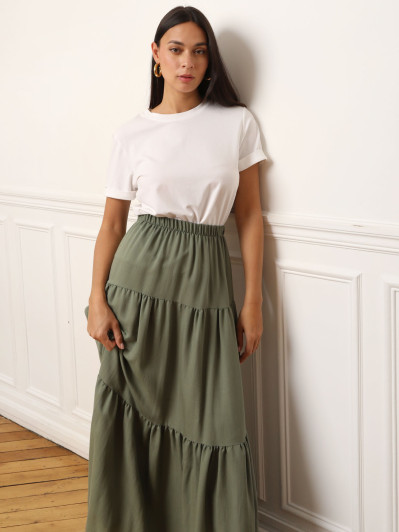 Jupe longue kaki à volants style bohème