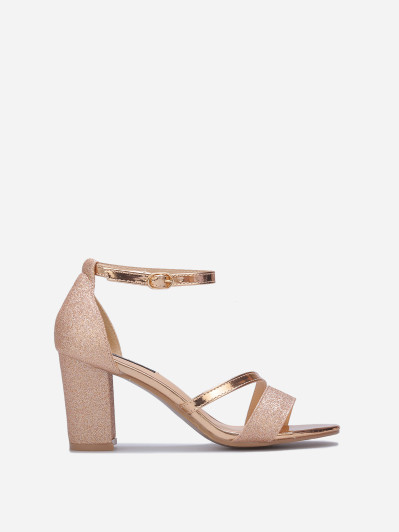 Sandales à talons rose doré scintillantes avec brides vernies