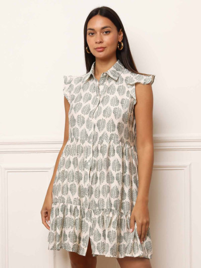 Robe chemise volantée à motifs feuilles
