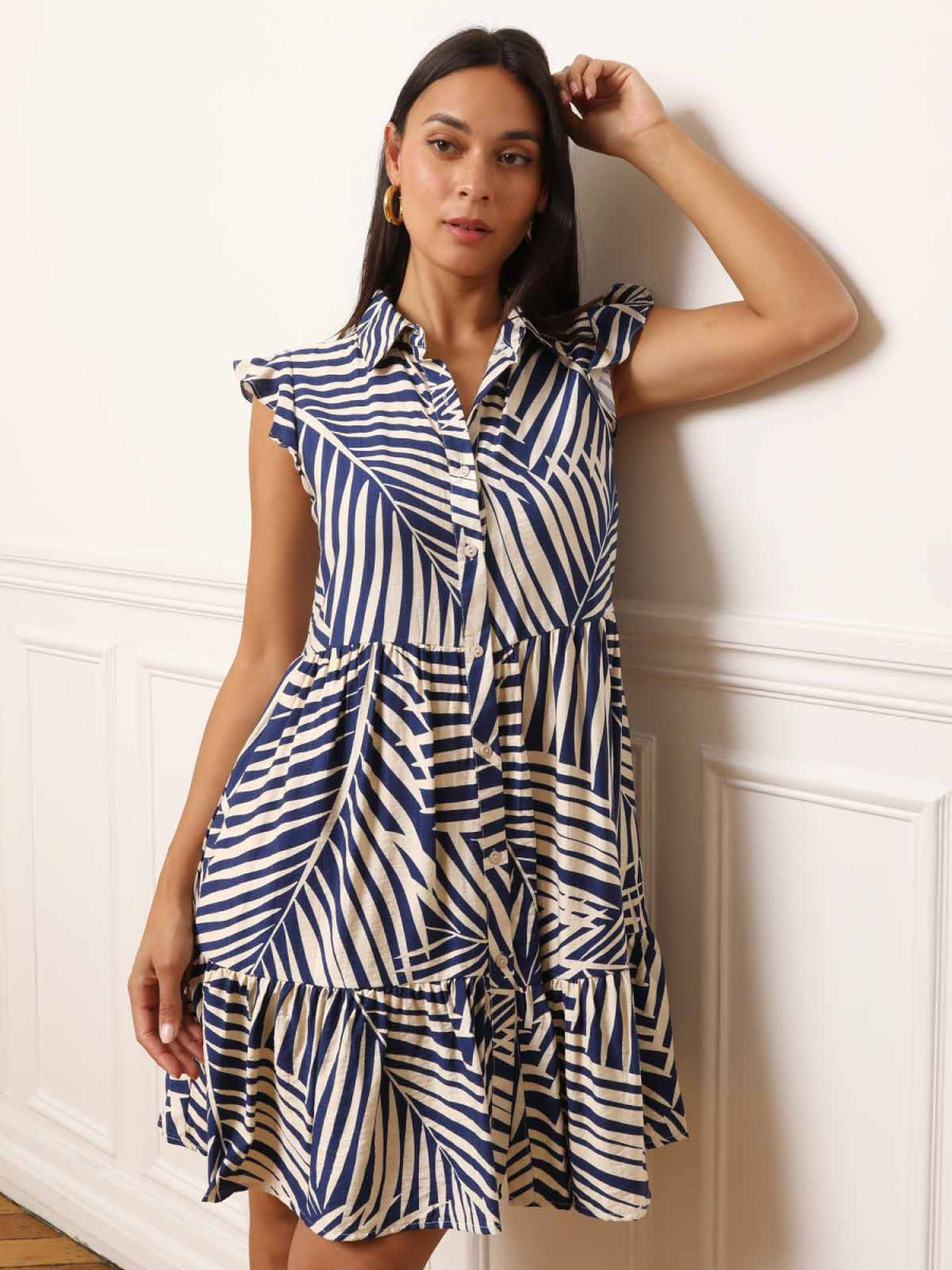 Robe chemise à volants et imprimés feuilles
