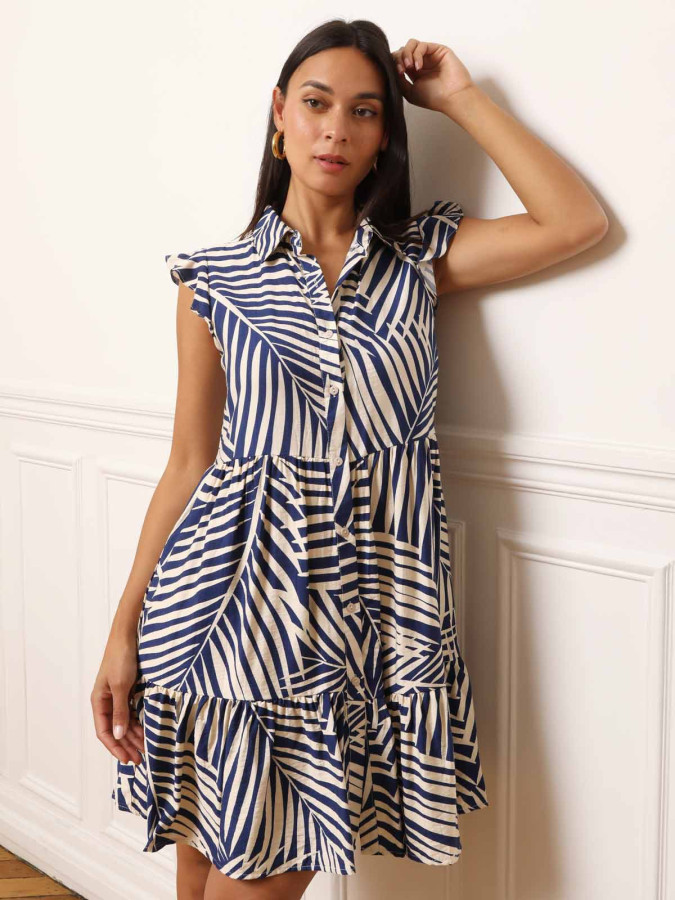 Robe chemise à volants et imprimés feuilles