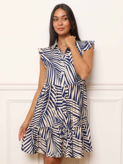 Robe chemise à volants et imprimés feuilles