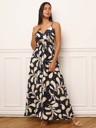 Robe longue imprimée bleue à détails dorés
