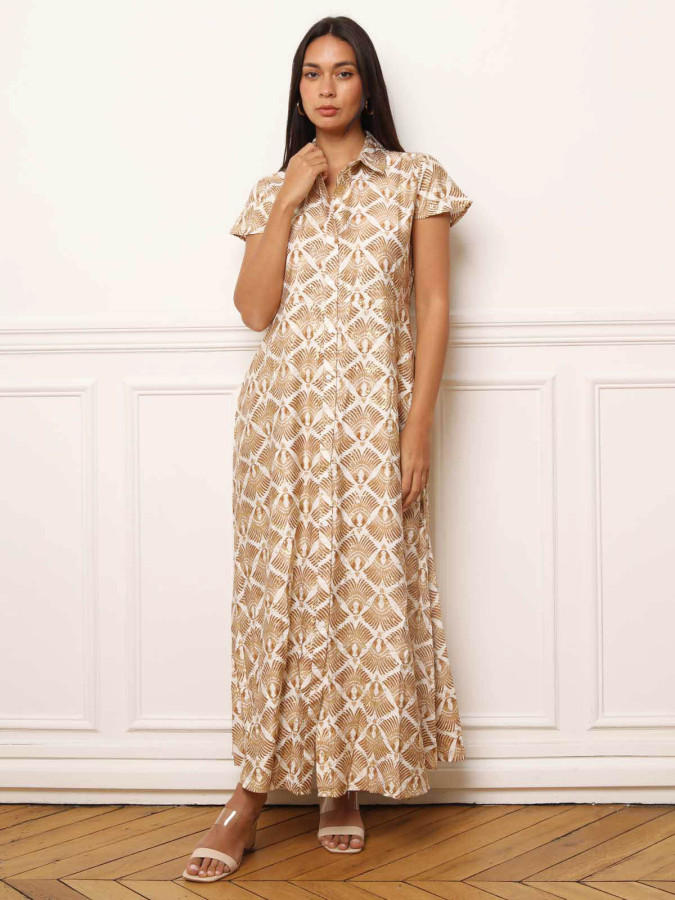 Robe chemise jaune à motifs et détails dorés