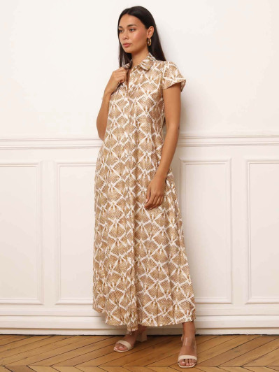 Robe chemise jaune à motifs et détails dorés