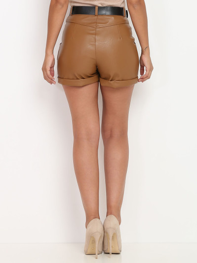Short camel en simili taille haute
