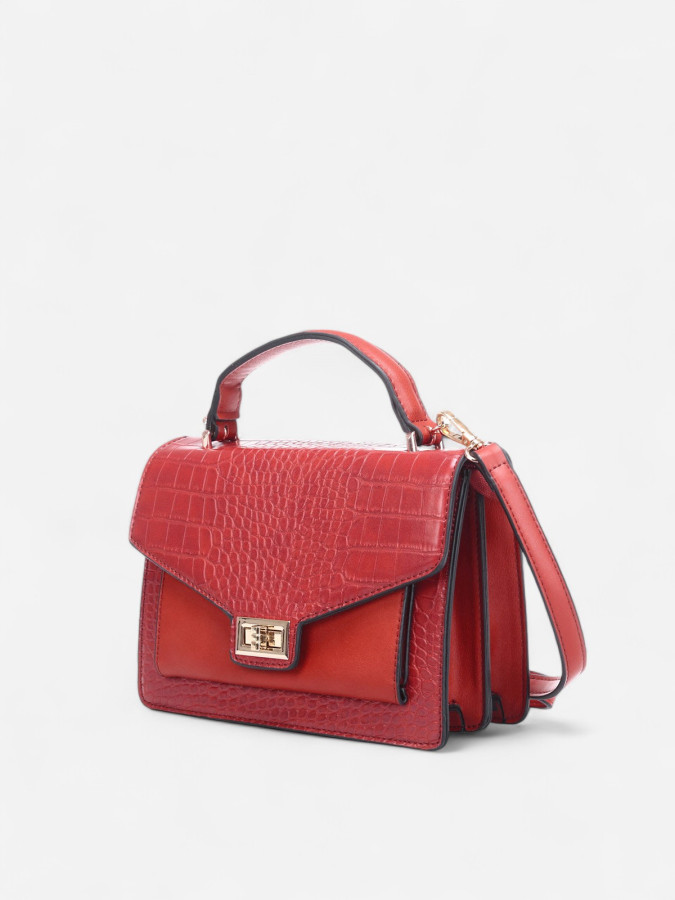 Sac à main rouge style cartable effet croco