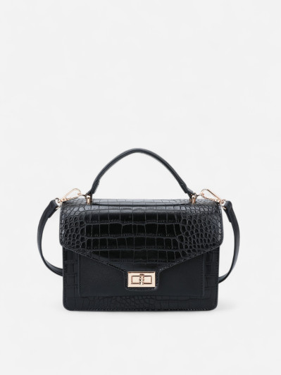 Sac à main noir style cartable effet croco