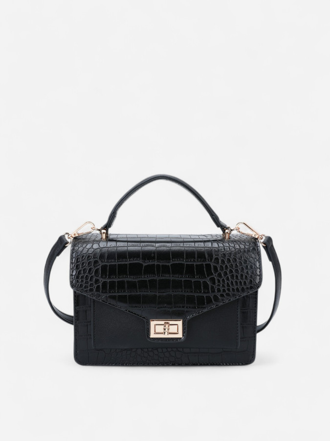 Sac à main noir style cartable effet croco
