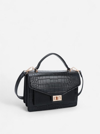 Sac à main noir style cartable effet croco