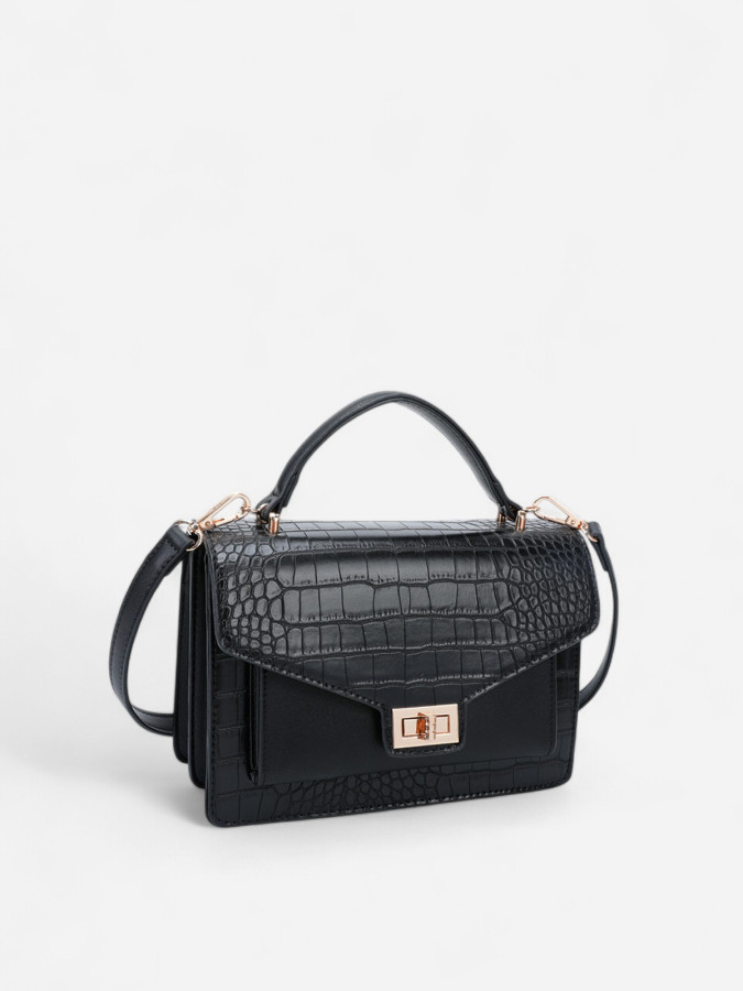 Sac à main noir style cartable effet croco