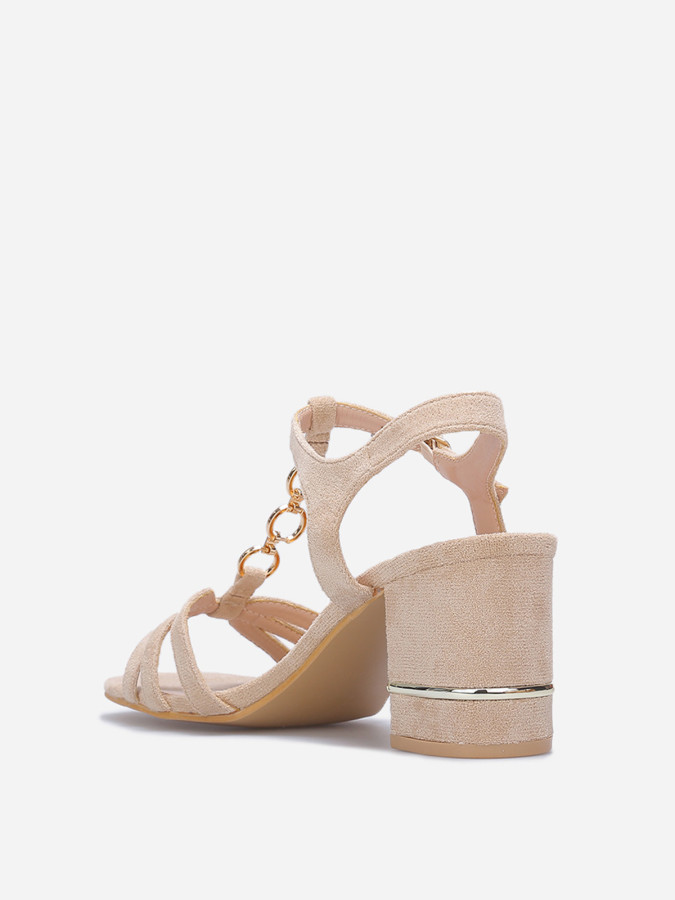 Sandales en suédine à talon carré et détails dorés