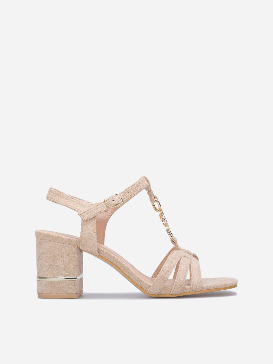 Sandales en suédine à talon carré et détails dorés