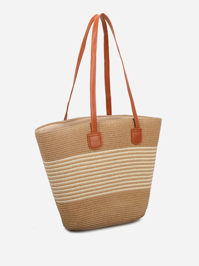 Sac cabas effet paille à rayures taupe