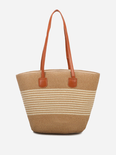 Sac cabas effet paille à rayures taupe