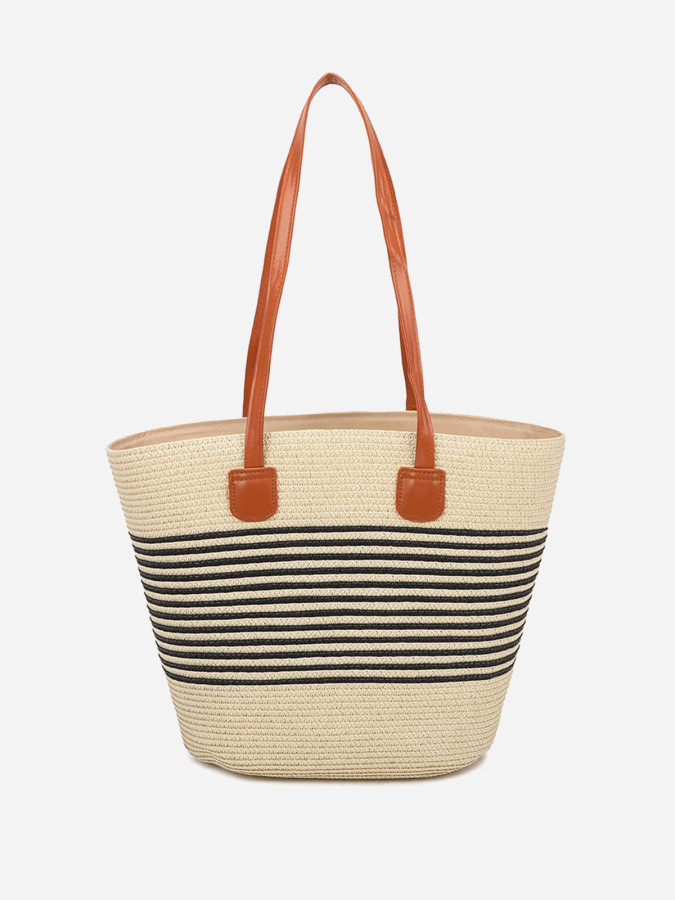 Sac cabas effet paille à rayures beige et noir