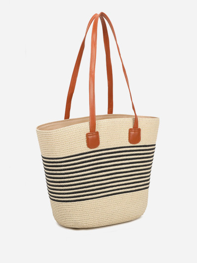 Sac cabas effet paille à rayures beige et noir