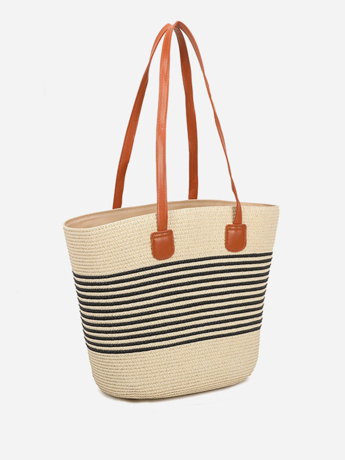 Sac cabas effet paille à rayures beige et noir