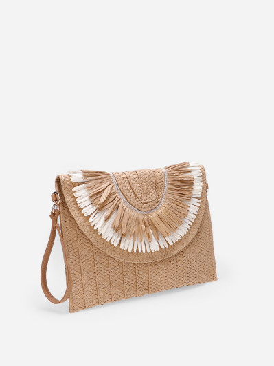 Pochette taupe en raphia tressé et à franges