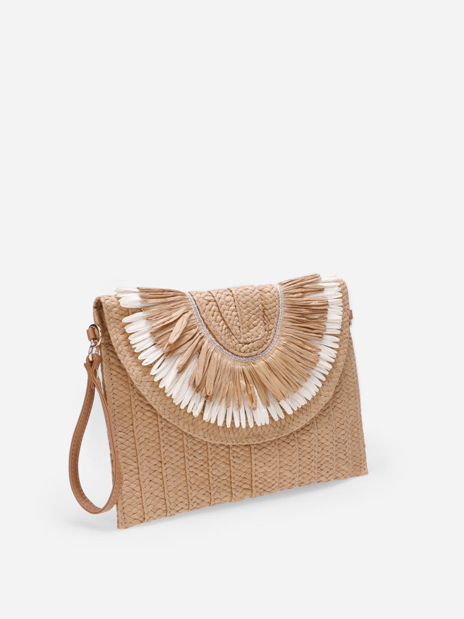 Pochette taupe en raphia tressé et à franges