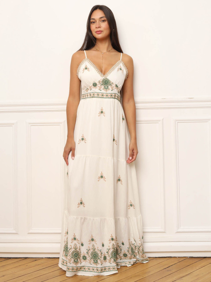 Robe longue kaki à motifs bohèmes