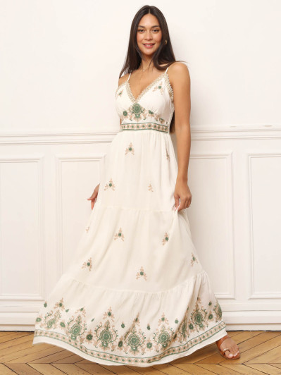 Robe longue kaki à motifs bohèmes