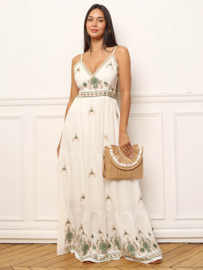 Robe longue kaki à motifs bohèmes