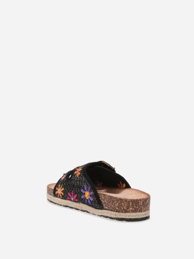 Mules à plateforme et fleurs brodées noires