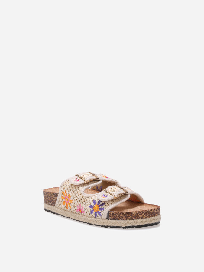 Mules à plateforme et fleurs brodées beiges