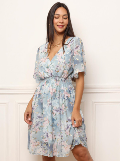 Robe bleue à imprimés fleurs et détails dorés