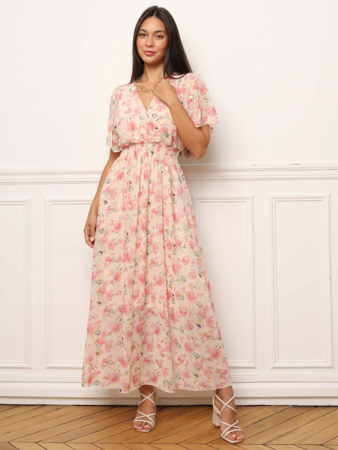 Robe longue à fleurs roses
