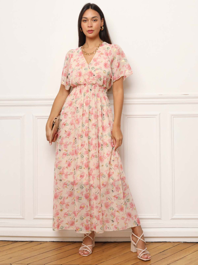 Robe longue à fleurs roses