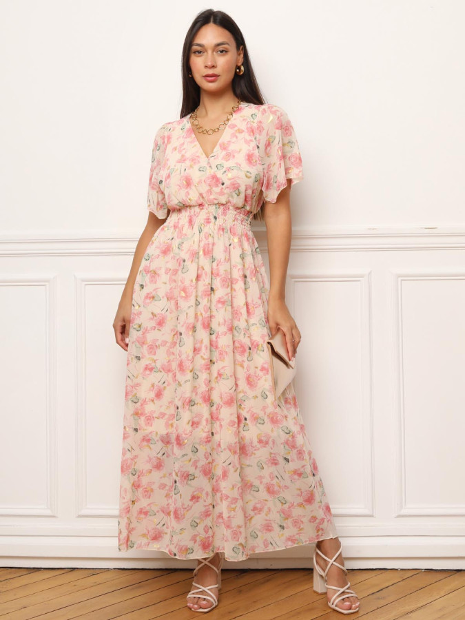 Robe longue à fleurs roses