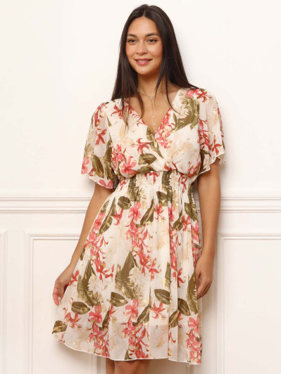 Robe beige à motifs fleurs et détails dorés