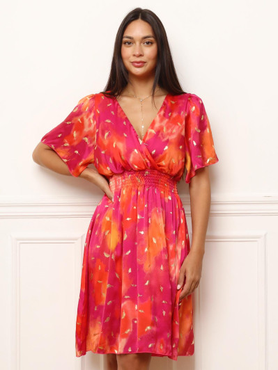 Robe patineuse fuchsia à détails plumes dorées