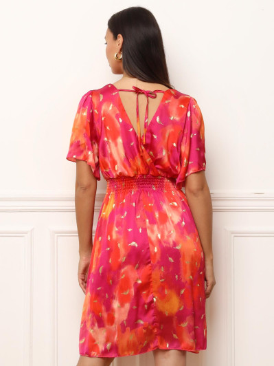 Robe patineuse fuchsia à détails plumes dorées